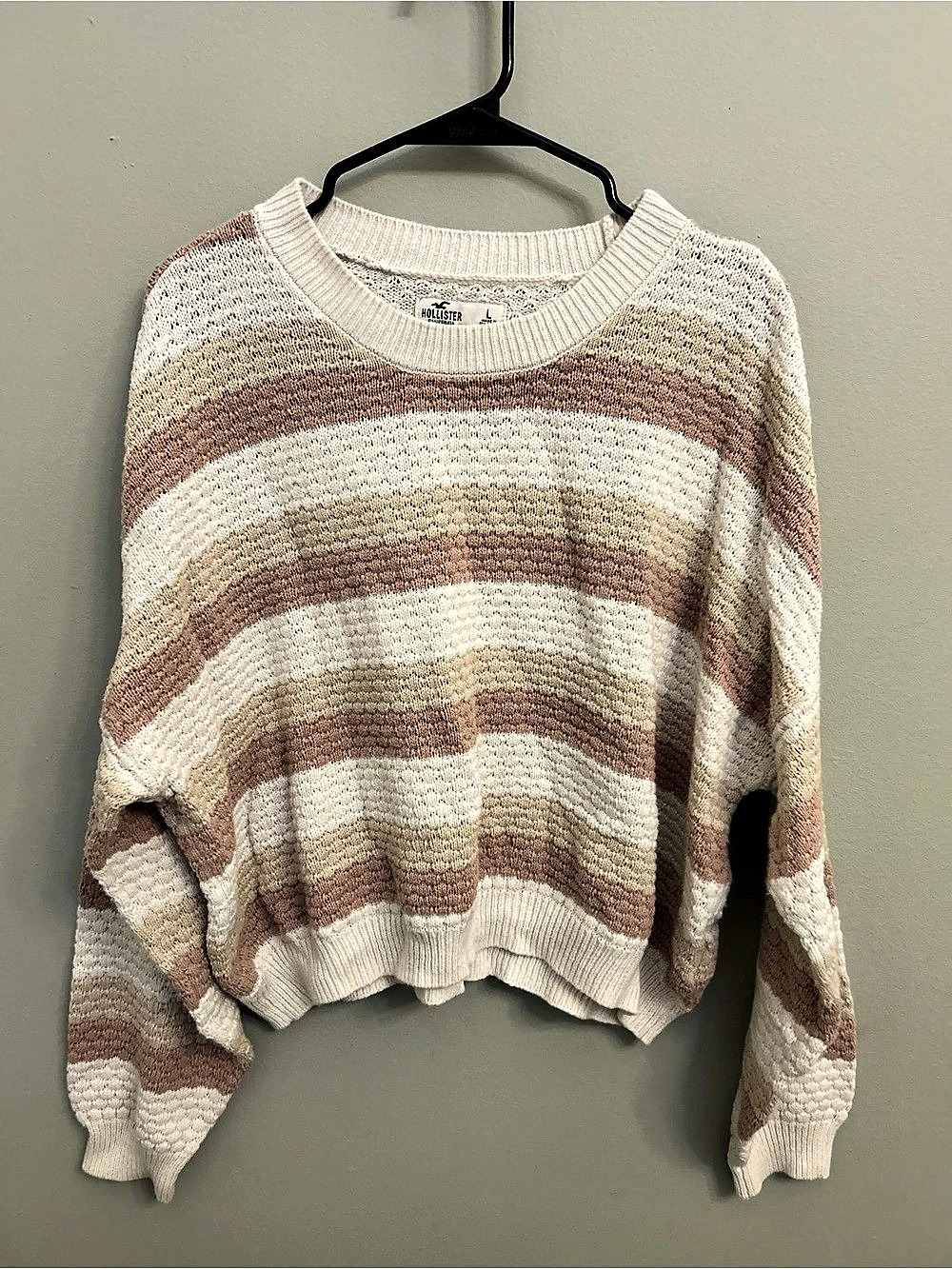 Hollister Striped Crewneck Sweater in Cream & Brown